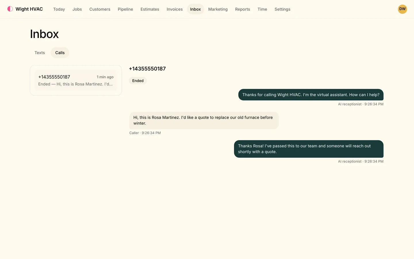 Inbox, Calls tab: the AI receptionist greets a caller for Wight HVAC, the caller asks for a quote to replace a furnace, and the receptionist says it has passed the request to the team.