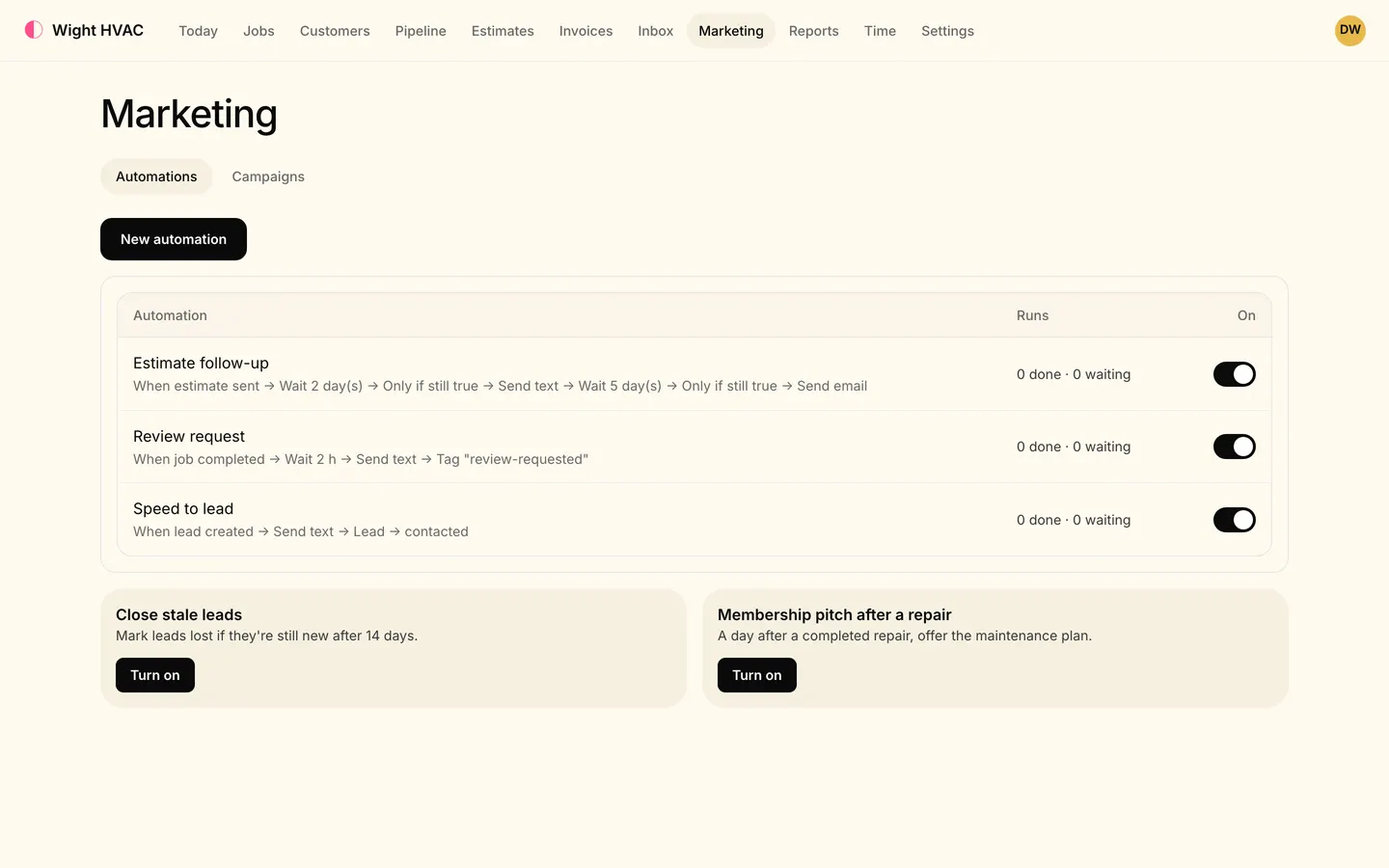 Marketing, Automations tab: Estimate follow-up, Review request and Speed to lead automations switched on, with their steps written out, and templates to close stale leads and pitch a membership.