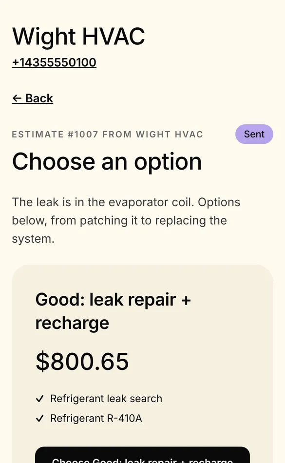 A customer's phone showing estimate #1007 with options to choose from: Good, leak repair and recharge for $800.65, and Better, a 3-ton heat pump.