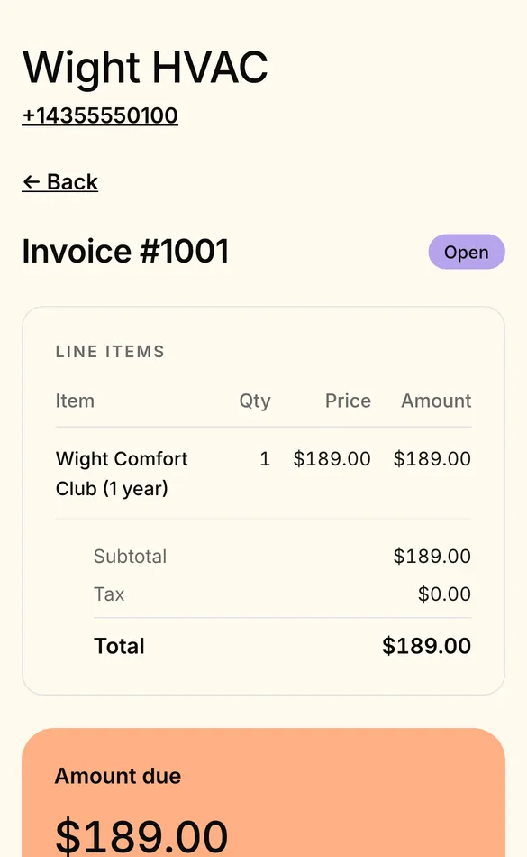 A customer's phone showing invoice #1001 for $189.00 with tip options (no tip, 10, 15 or 20%) and Pay by card.