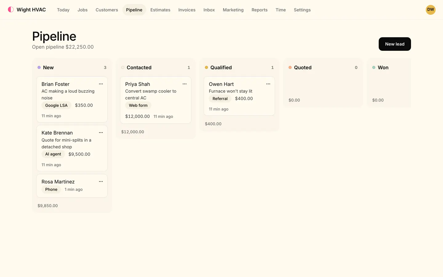 The Pipeline board: leads in New, Contacted, Qualified, Quoted and Won columns, each card showing the customer, the job, its source (Google LSA, Web form, Referral, AI agent, Phone) and its value.