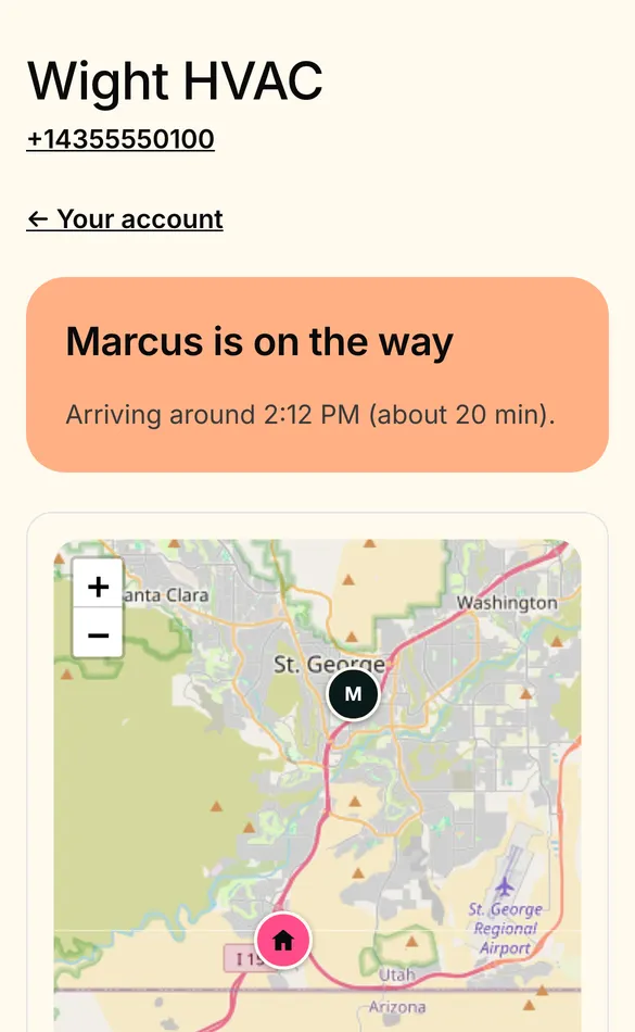 A customer's phone: 'Marcus is on the way, arriving around 2:12 PM (about 20 min)' above a live map showing the technician and the service address.